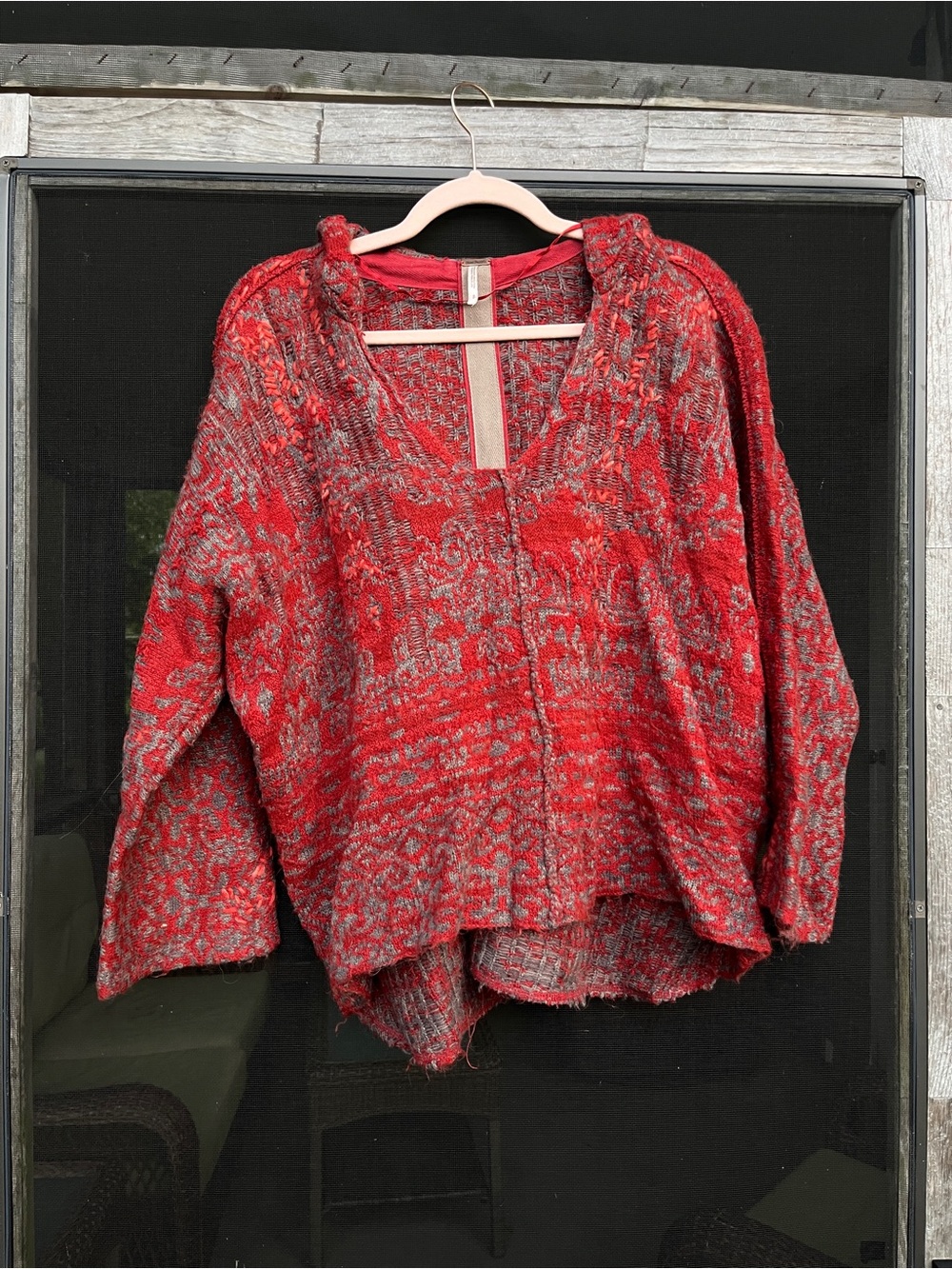 Free People Red and Gray Textured Knit Open-Front Hoodie